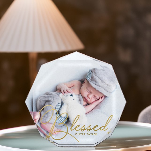 "Gesegnet" Gold Foil Effect Baby Personalisiert Fotoblock (Von Creator hochgeladen)