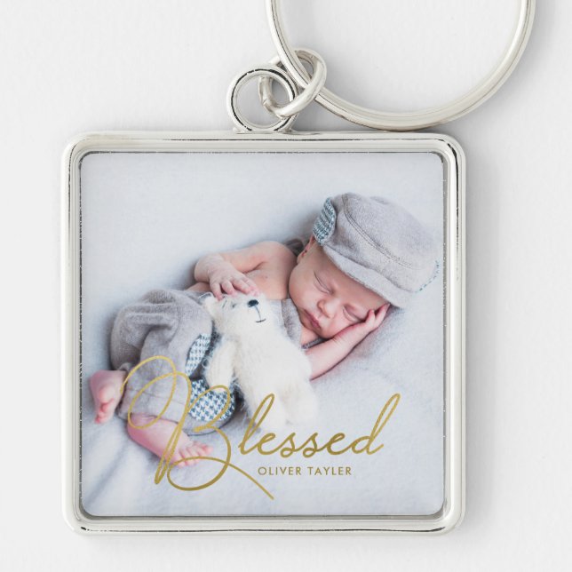 "Gesegnet" Gold Foil Effect Baby Personalisiert Schlüsselanhänger (Vorne)