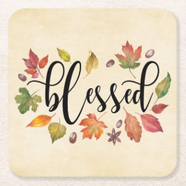 Gesegnet in schwarzer Kalligrafie und Herbstleaven Rechteckiger Pappuntersetzer