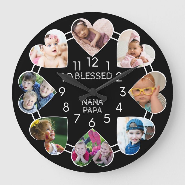 Gesegnet Nana Papa 8 Herz Foto Vorlage Schwarz Große Wanduhr (Vorderseite)