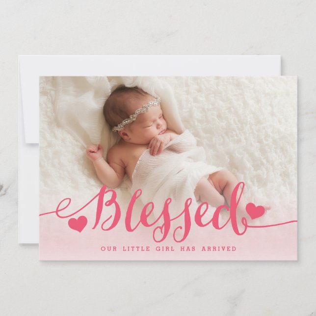 gesegnet | Pink Baby Girl Foto Geburtsankündigung Ankündigung (Vorderseite)