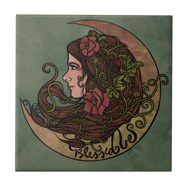 Gesegnet sei Moon Goddess Pagan Art Fliese (Vorderseite)