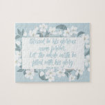 Gesegnet sei sein Name Psalm 72:19 Christlich Vers<br><div class="desc">Schöne Christliche Bibelverse aus dem Buch der Psalmen verziert mit schönen weißen Kirschblüten Blume auf einem hübschen Puzzle. Psalm 72:19 liest gesegnet sein ruhmreicher Name für immer. Lass, die ganze Erde sei mit seiner Herrlichkeit gefüllt. Amen.</div>