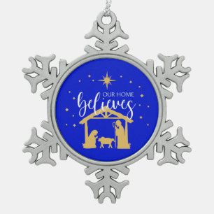 Gesegnete erste Zuhause Weihnachtskrippe Szene Schneeflocken Zinn-Ornament
