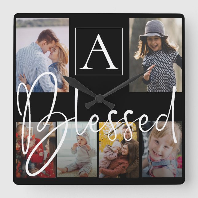 Gesegnete Familienname-Script Monogram-FotoCollage Quadratische Wanduhr (Vorderseite)