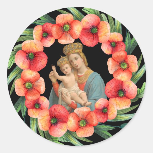 Gesegnete Jungfrau Mary Jesus Wreath Blume Religiö Runder Aufkleber (Vorderseite)