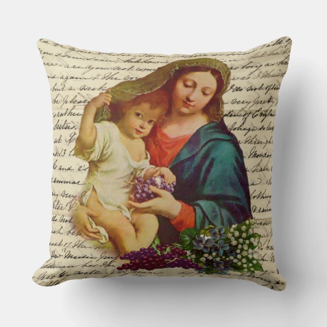 Gesegnete Jungfrau Mary mit Jesus, der Trauben Kissen (Vorderseite)