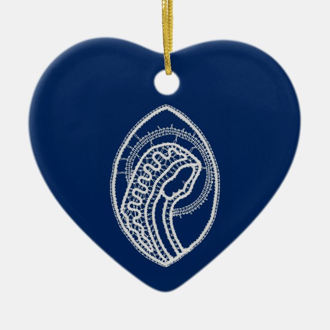 Gesegnete Jungfrau Mary, weiße Spitze, marineblau Keramik Ornament (Vorne)
