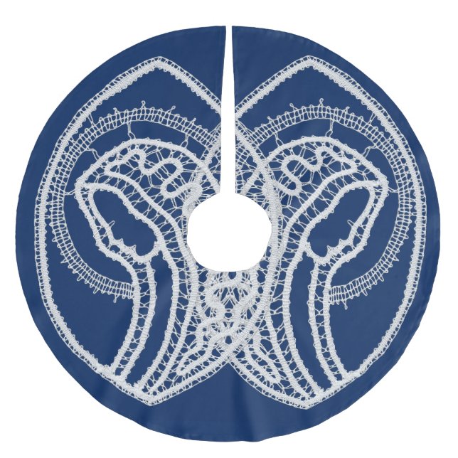 Gesegnete Jungfrau Mary, weiße Spitze, marineblau Polyester Weihnachtsbaumdecke (Vorderseite)