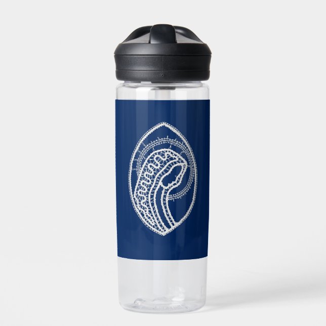 Gesegnete Jungfrau Mary, weiße Spitze, marineblau Trinkflasche (Vorderseite)