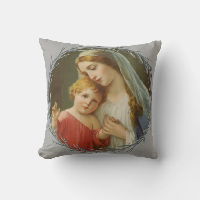 Gesegnete Mutter, die den Baby-Jesus-Kranz hält Kissen (Vorderseite)