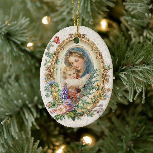 Gesegnete Mutter Maria und Jesus Bloral Keramik Ornament (Baum)