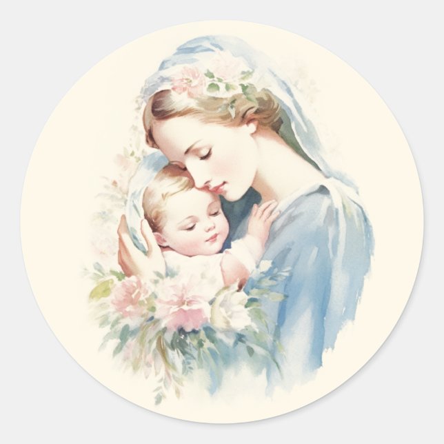 Gesegnete Mutter Mary Baby Jesus Religious Pastel Runder Aufkleber (Vorderseite)