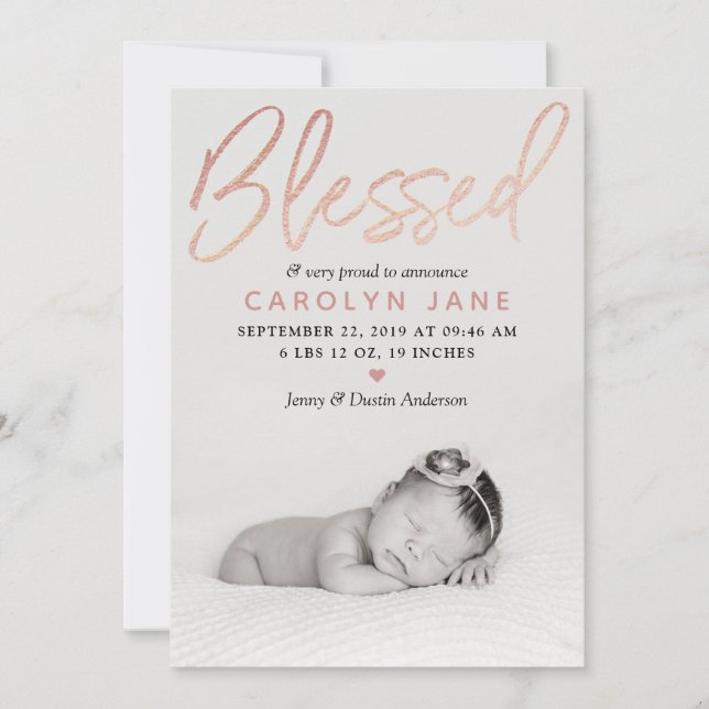 "Gesegnete" Rose Gold Foil Foto Geburtsankündigung Ankündigung (Vorderseite)