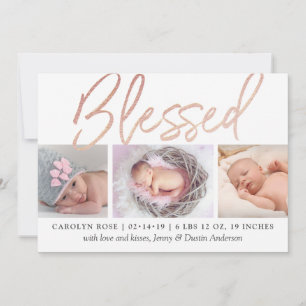 "Gesegnete" Rose Gold Foil Foto Geburtsankündigung Ankündigung