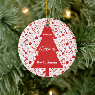 Gesegneter Weihnachts-Rot-Weihnachtsbaum-Doodle-Ar Keramik Ornament