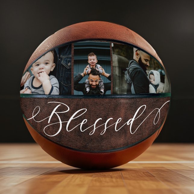 Gesegnetes Script Leather Vathers Day Foto Collage Basketball (Blessed Script Leather Fathers Day Photo Collage Basketball)