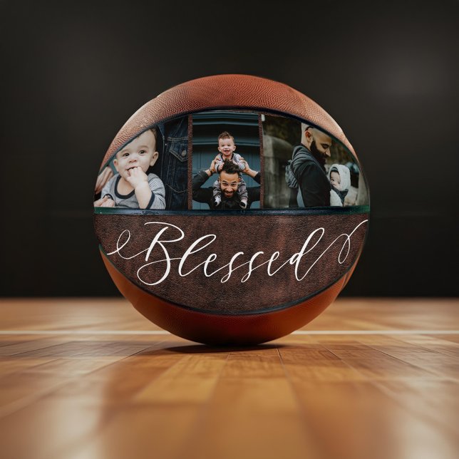 Gesegnetes Script Leather Vathers Day Foto Collage Basketball (Blessed Script Leather Fathers Day Photo Collage Basketball)