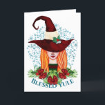 Gesegnetes Weihnachten Gemütliche Wintersonnenwend<br><div class="desc">Senden Sie den perfekten Urlaub Gruß mit diesem hellen und bunten gesegneten Weihnachten Cosy Winter Solstice Merry Wtich-Design mit einem schönen Aquarellmädchen mit tiefroten Feiertagshut, Schneeflocke Hintergrund und eine "Gesegnetes Weihnachten" Nachricht, die Sie bearbeiten oder entfernen können, wenn Sie möchten. Stich "Diese Vorlage personalisieren", um Text aus dieser Kartenvorlage zu...</div>