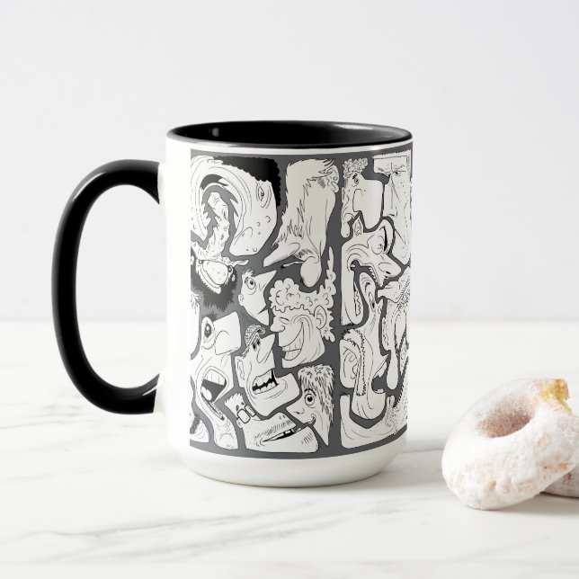 Gesichter Linienkunst Dunkelgrau Tasse (Mit Donut)