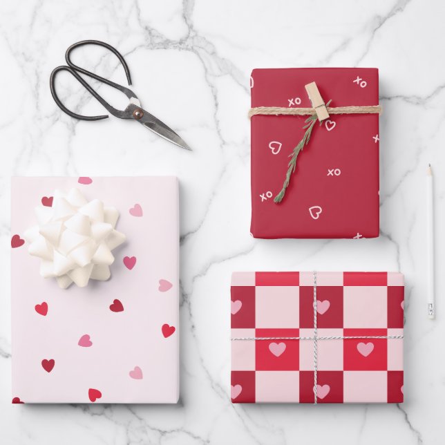 Gespeicherte Herzen, XOXO Kisses, Schachbrettherze Geschenkpapier Set (Vorderseite)