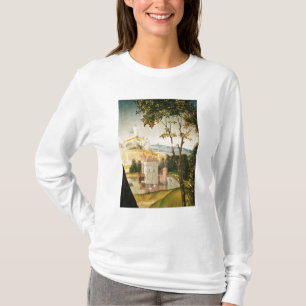 Gestalten Sie mit Schloss in einem Burggraben und T-Shirt
