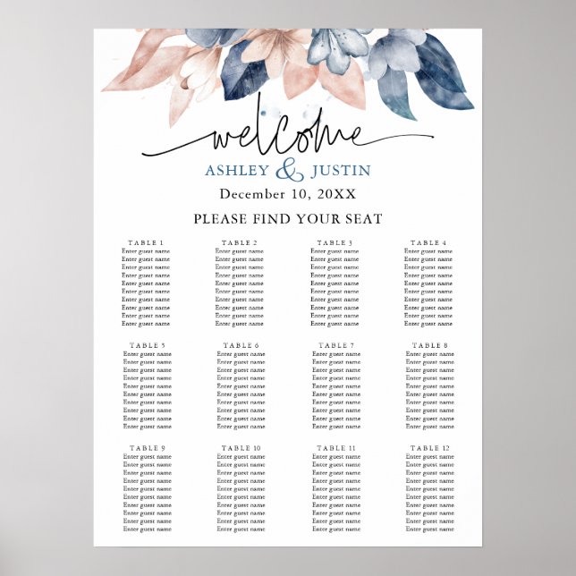 Gestaltete, gestylte Sitzkarte aus Denim & Blush Poster (Vorne)