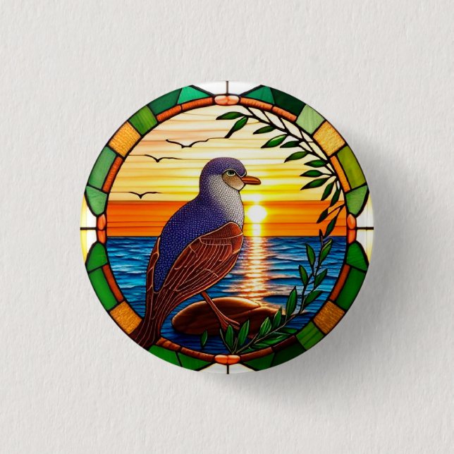 Gestaltete Glasgestaltung mit Vogel auf dem Felsen Button (Vorderseite)
