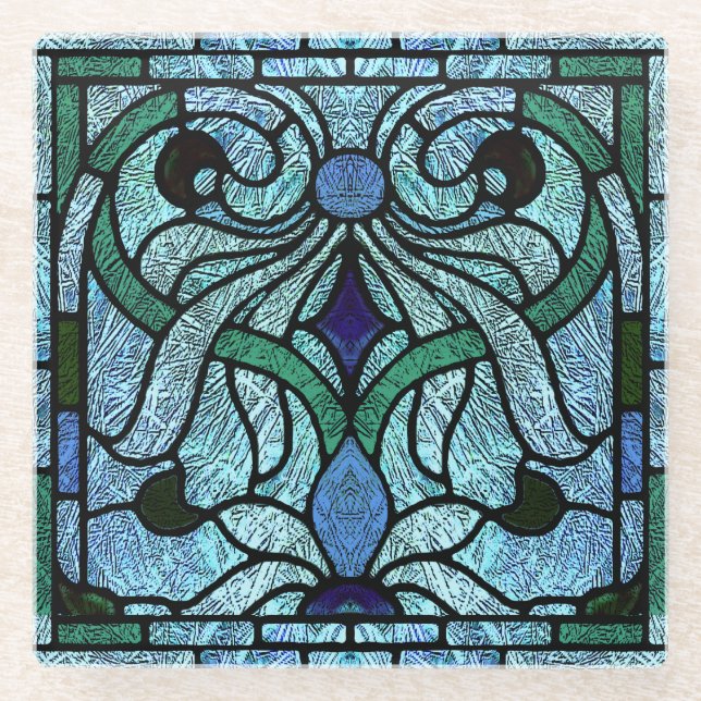 Gestaltete Glasscroll-Design in Blau und Grün Glasuntersetzer (Vorderseite)