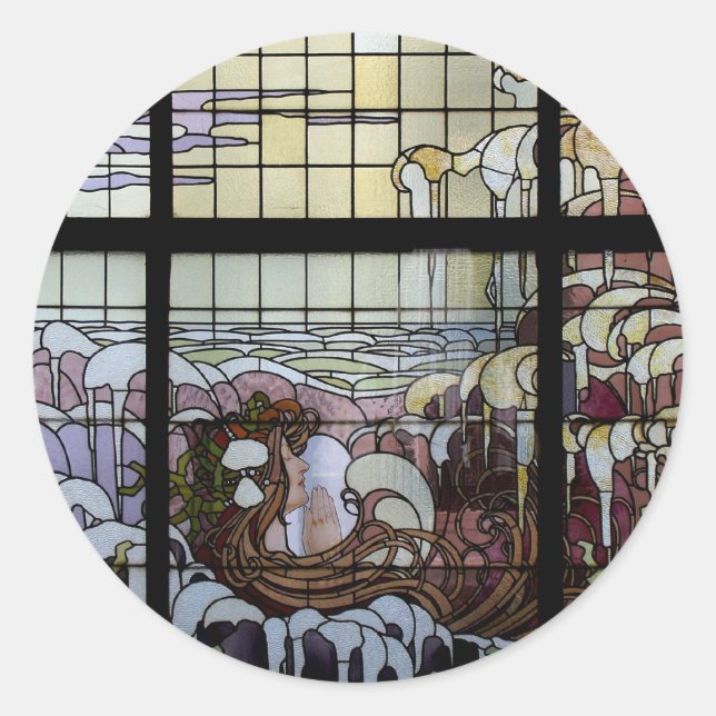Gestaltetes Glas Art Nouveau Sea Scene Runder Aufkleber (Vorderseite)