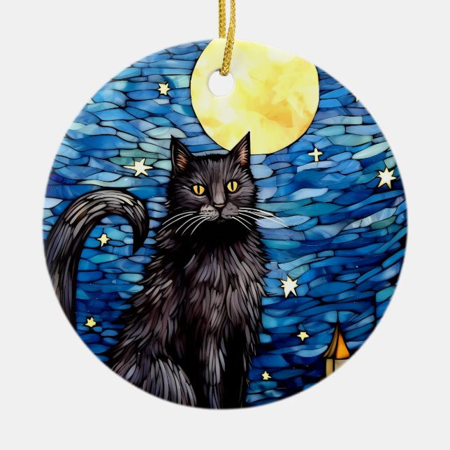 Gestaltetes Glas Black Cat Starry Night Keramik Ornament (Vorne)