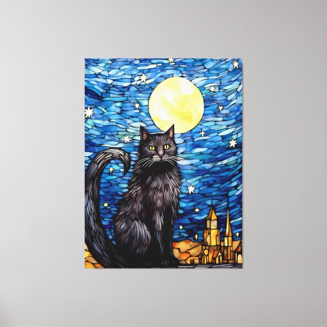 Gestaltetes Glas Black Cat Starry Night Leinwanddruck (Vorderseite)