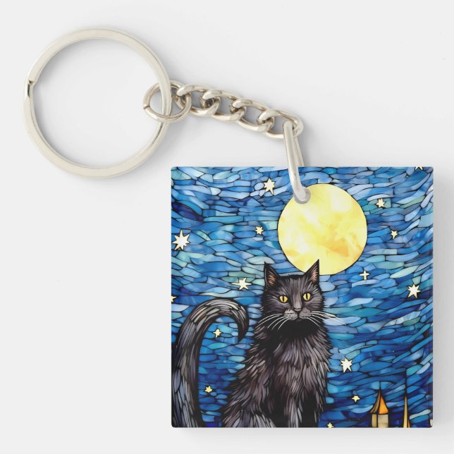 Gestaltetes Glas Black Cat Starry Night Schlüsselanhänger (Vorderseite)