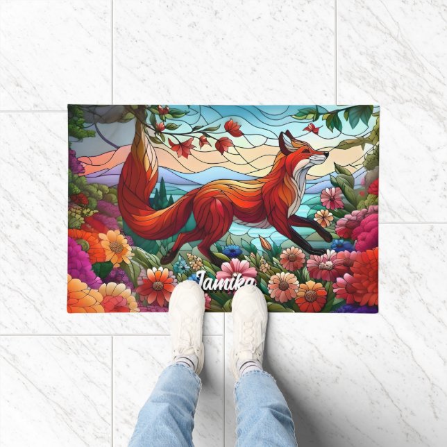 Gestaltetes Glas Look Red Fox und Blume Fußmatte (Indoor)