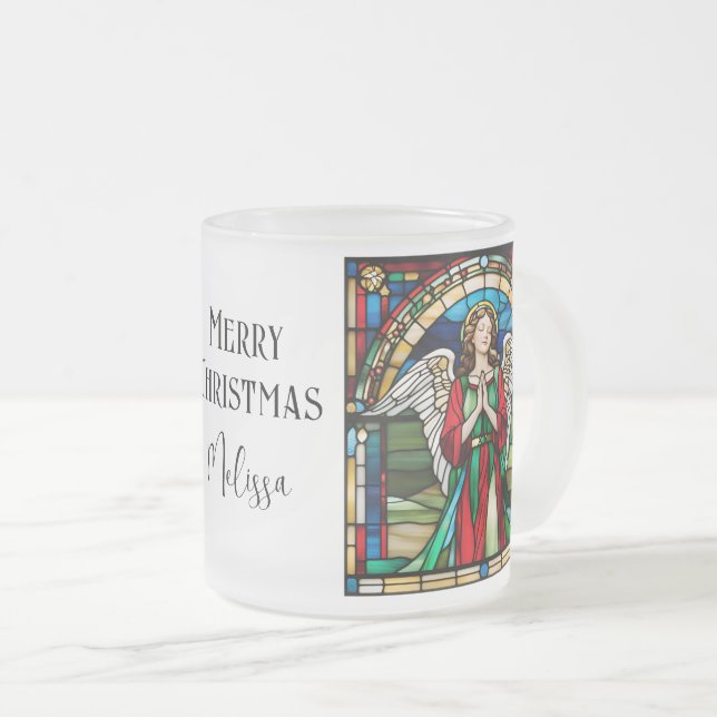 Gestaltetes Glas Weihnachtsengel rot und grün Mattglastasse (VorderseiteRechts)