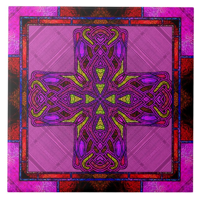 Gestaltetes Keltisches Kreuz in rosa und Lila Fliese (Vorderseite)
