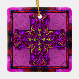 Gestaltetes Keltisches Kreuz in rosa und Lila Keramikornament