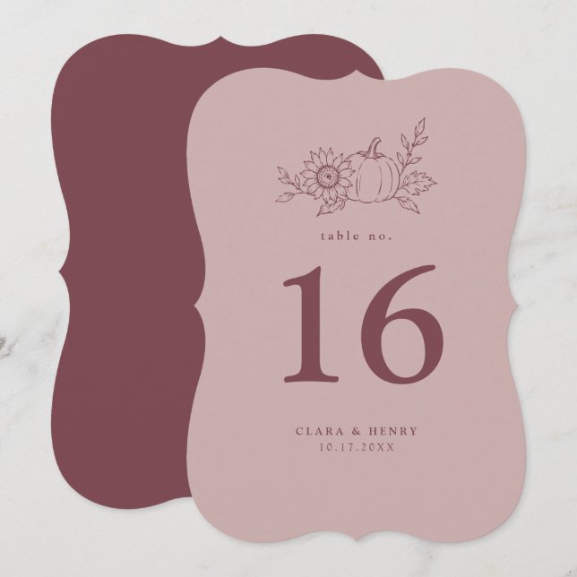Gestanzte Tischnummer mit staubiger Rose, Kürbis u (Vorne/Hinten)