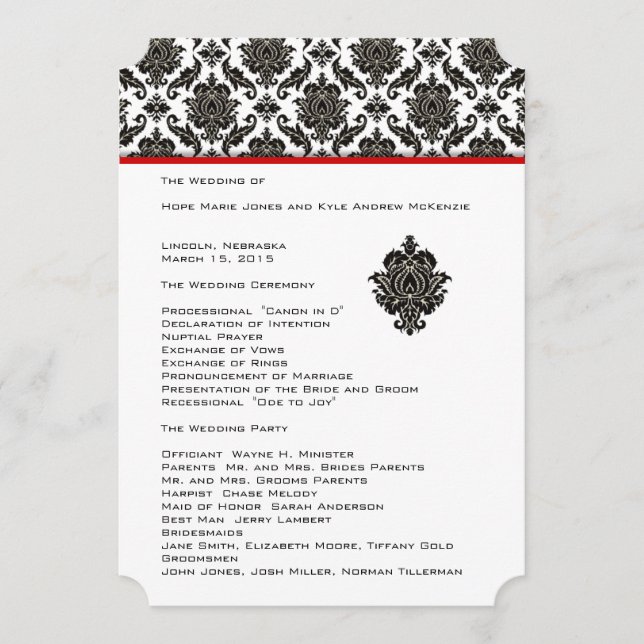 Gestanztes schwarzes Damast-Hochzeitsprogramm mit  Programm (Vorderseite)
