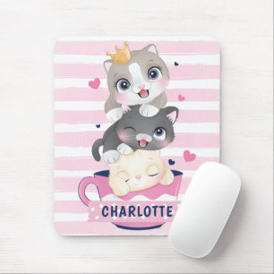 Gestapelte Niedliche Cartoon Katzen Rosa Streifen Mousepad