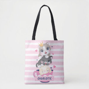 Gestapelte Niedliche Cartoon Katzen Rosa Streifen Tasche