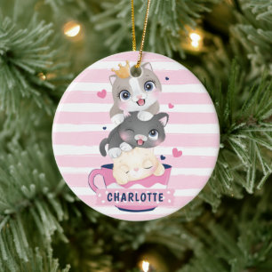Gestapelte süße Cartoon-Katzen Rosa abgenutzte Str Keramik Ornament