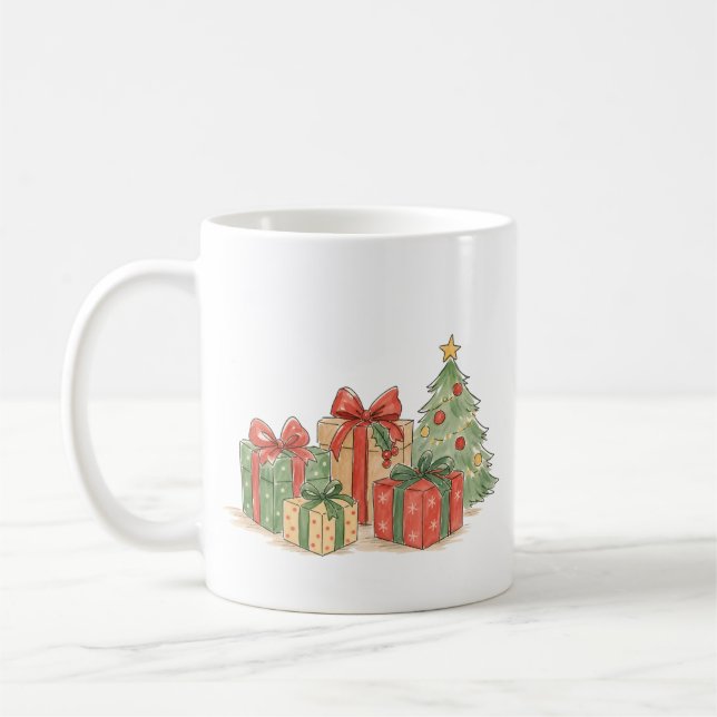 Gestapelte Weihnachtsgeschenke mit Baum als Feiert Kaffeetasse (Links)