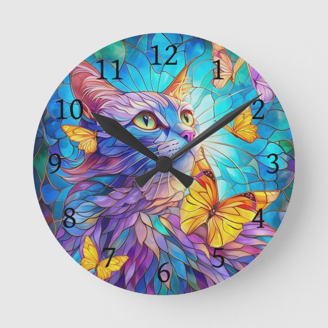 Gesteinigte Glaskatze 730 blaue gelbe Schmetterlin Runde Wanduhr (Vorderseite)