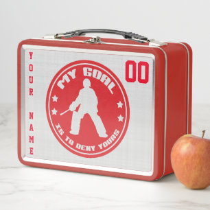 Gestellte Eishockeyboxen, rotes Hockeyspiel Metall Lunch Box