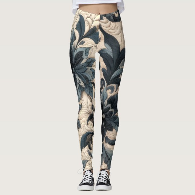 gesteppte Creme und blaue Blütenmuster Leggings (Vorderseite)