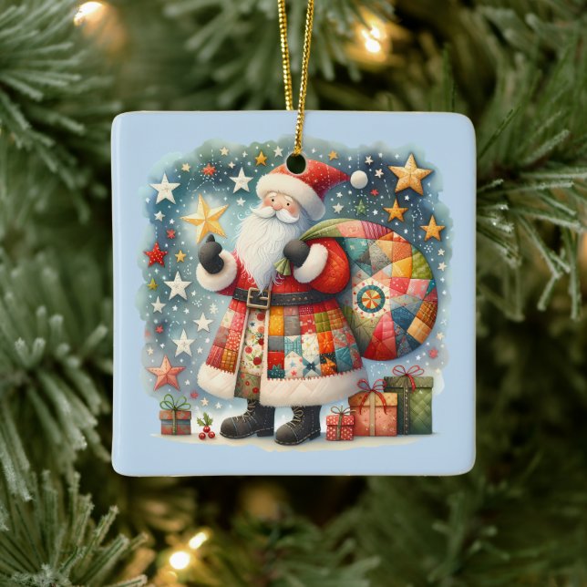 Gesteppter Patchwork-Weihnachtsmann mit Weihnachts Keramikornament (Baum)