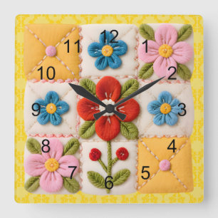 Gestickte Blumen-Patchwork-Quilt Quadratische Wanduhr