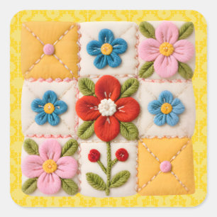 Gestickte Blumen-Patchwork-Quilt Quadratischer Aufkleber