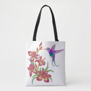 Gestickte Kolibri-und Iris-Blumen Tasche